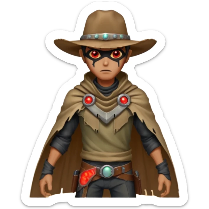 A rugged alien outlaw cowboy with scars and glowing red eyes, torn futuristic poncho, standing in a deserted alien town, dust blowing through empty streets, moody shadows, gritty sci-fi western realism
 sticker