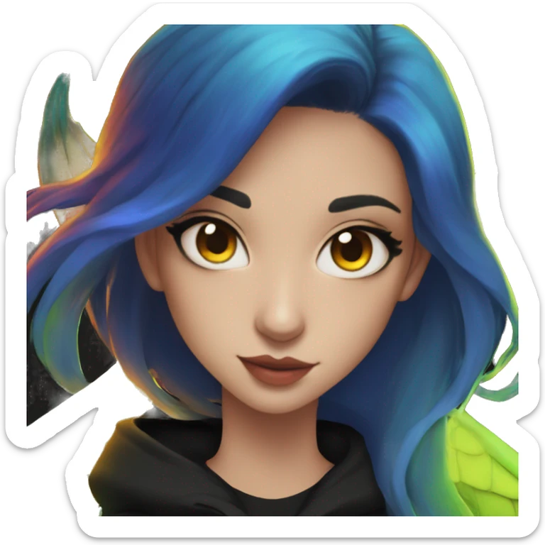 Lady with brunette and iridescent blue hair, gold, lime green dragon wings, black hoodie, bleach dyed, black and gold Nike t shirt, and bright red eyes sticker