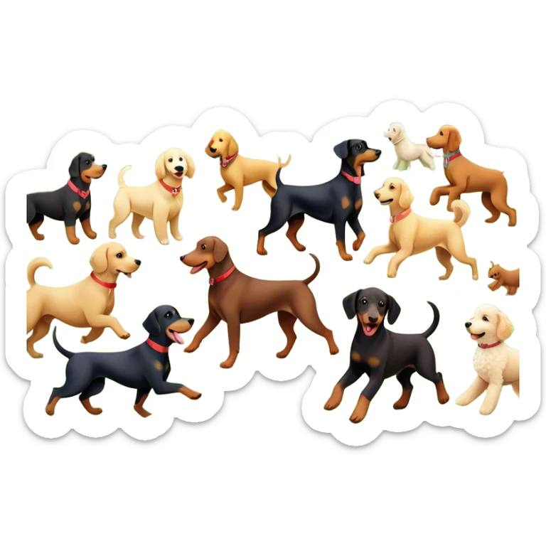 Collage of various dog breeds like Doberman, Poodle, Dachshund, and Golden Retriever, playing in a park with trees and grass. Some dogs run, others sit, all are full of energy and happiness. A joyful, colorful scene with playful expressions. Transparent background. sticker