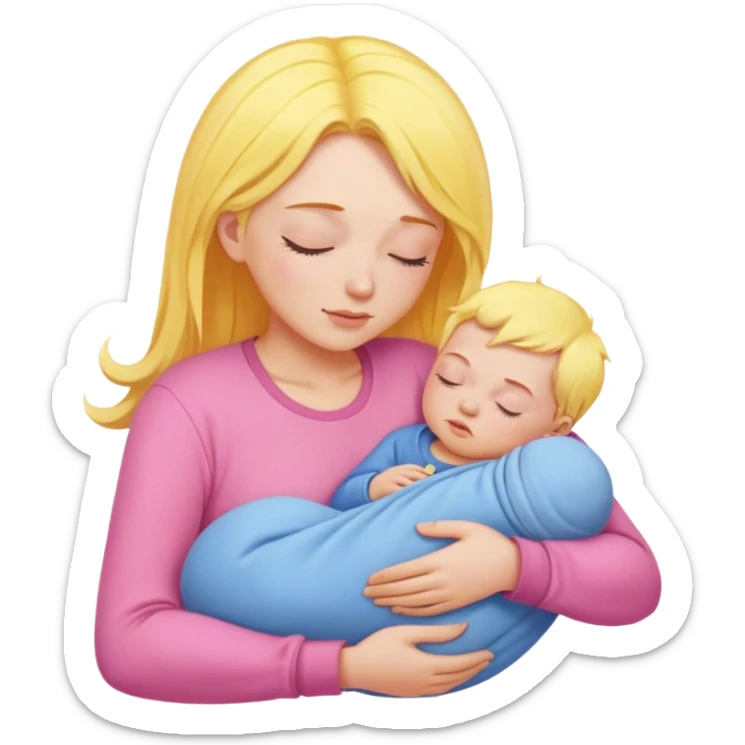 Mother holding baby, mother with yellow hair and pink clothes, baby in blue clothes is sleeping sticker