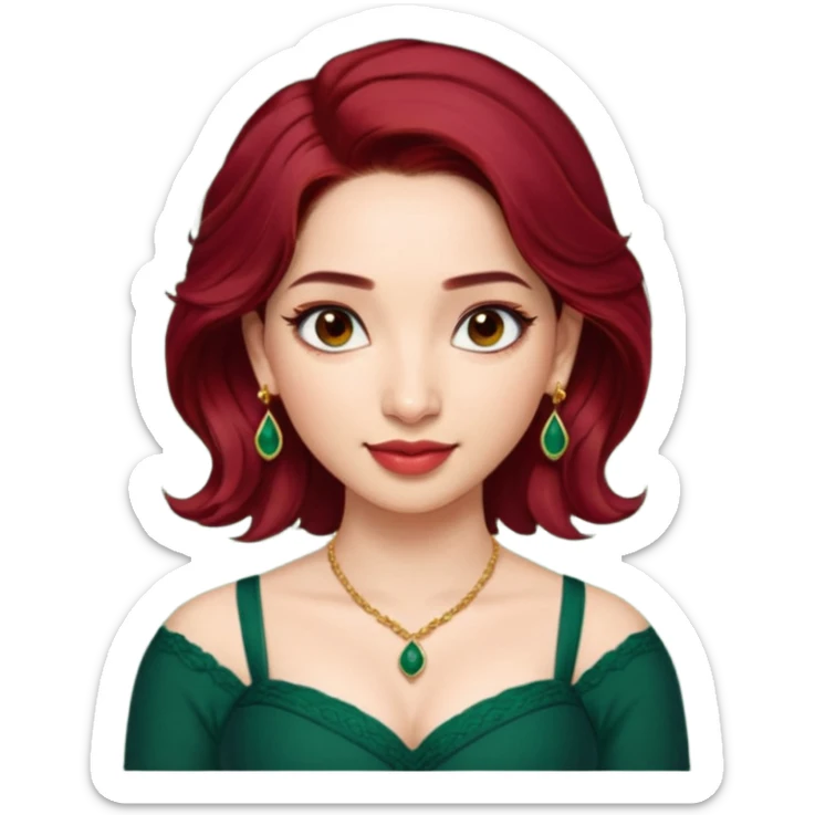 pretty bratz genmoji that looks like tamannah bhatia (bollywood actress), wearing a dark green sweetheart neckline top, dark red hair, light makeup, no necklace, dangly earrings, side hair part, dark brown eyes,  sticker