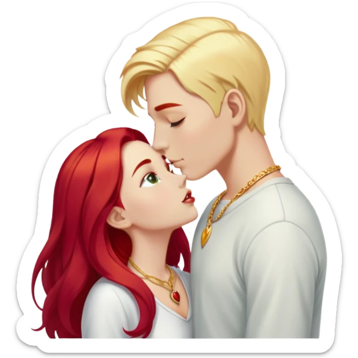 couple kissing, girl with long cherry red hair and blonde eyebrows, gold A necklace, light clothes, and boy with PURE WHITE SHORT HAIR (completely white like paper, not blonde, not gray) sticker