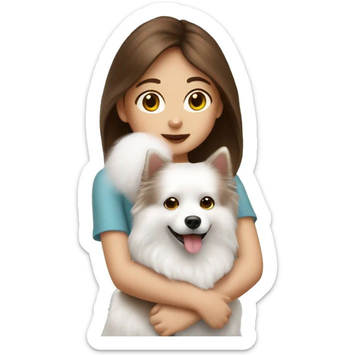 beautiful girl with brown hair kissing her white spitz dog sticker