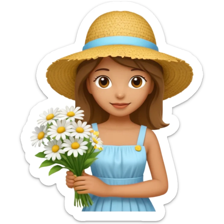 back view of a girl in a summer dress and straw hat, holding a bouquet of white daisies, bright and cheerful, 3D iOS Apple emoji style sticker