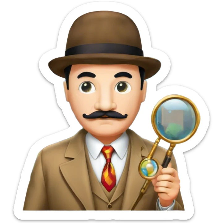 Icon for Detective Poirot: A colorful collage featuring Hercule Poirot in his iconic suit, with a mustache and a magnifying glass. Include a dark, mysterious city background and subtle clues like fingerprints or a crime scene. Retro movie poster style. Transparent background. sticker