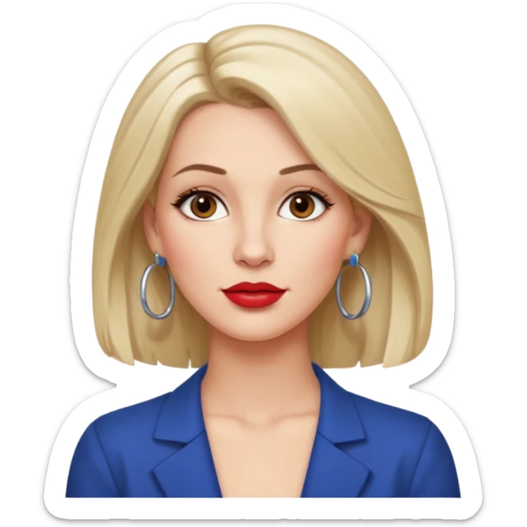 30 year old white woman, shoulder-length hair, brown eyes, left side of hair tucked behind ear, lipstick, hoop earrings, slightly tilted head, upper body portrait sticker