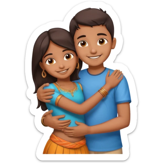 indian boy hugging indian girl from behind... boys hand down near navel of girl sticker