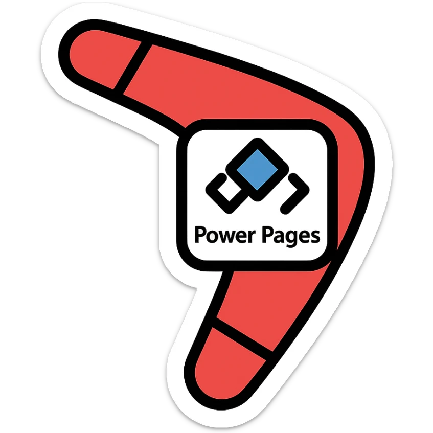 boomerang icon with Power Pages logo in the center, playful, red and white, outlined color style sticker