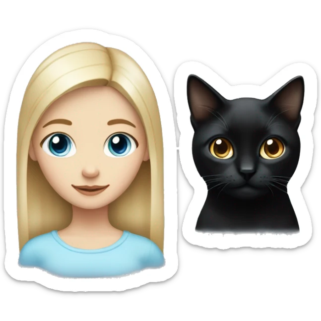 A blonde girl with heterochromia, her left eye light blue and her right eye brown with a black cat with brown eyes sticker