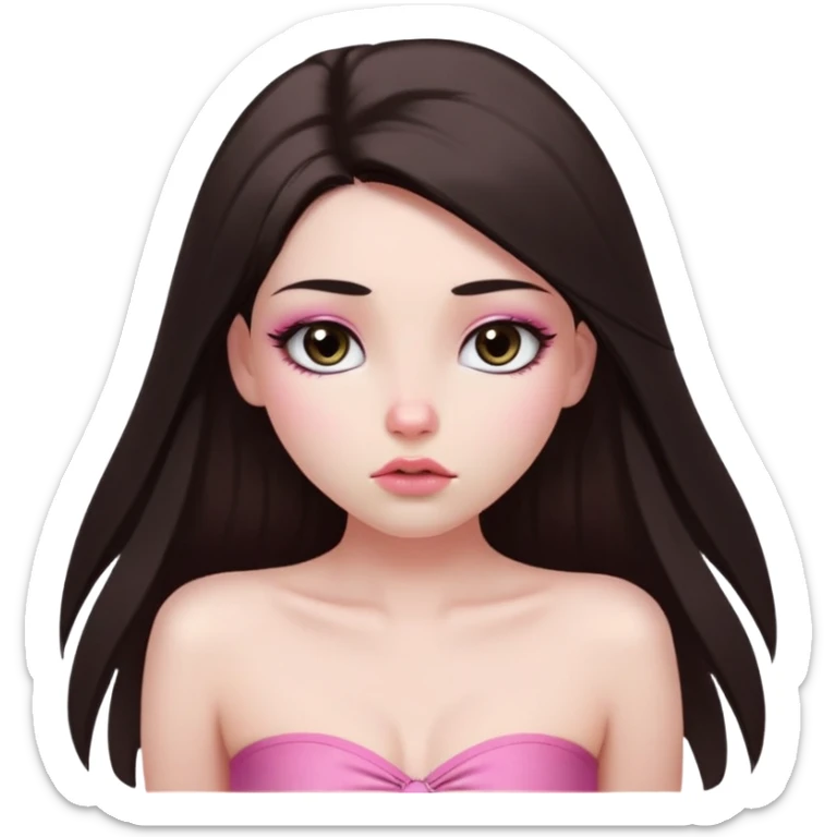 girl with white skin, dark brown long straight hair falling in front of her body, pouty shiny lips without cupid's bow, shiny large eyes with long eyelashes, lighter button nose, very long oval-shaped face, wearing a pink bandeau top with straight neckline, looking directly at camera with hands down at sides sticker