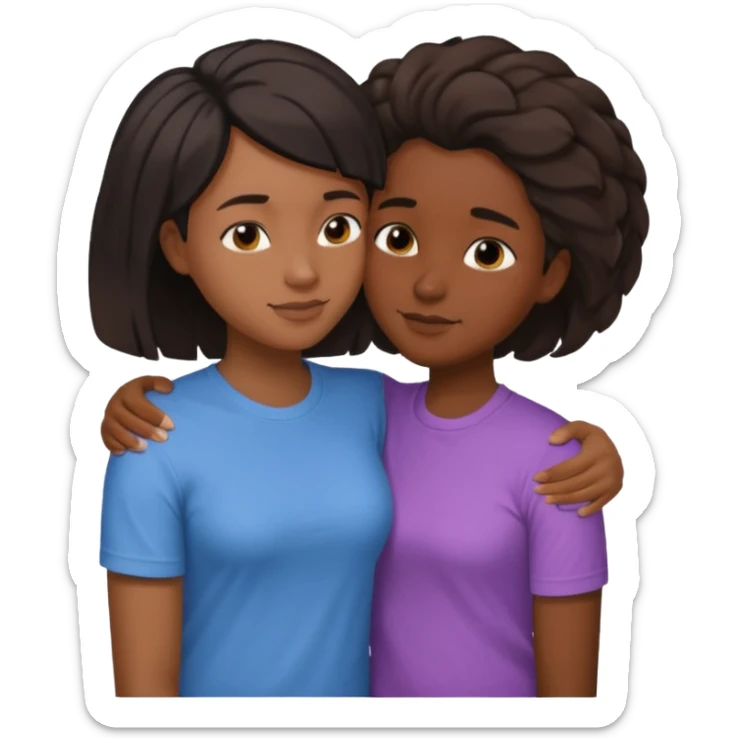 Black lesbian couple with one dark skin masculine with short hair low cute fade with a t shirt and one feminine with long hair in a blouse hugging  sticker