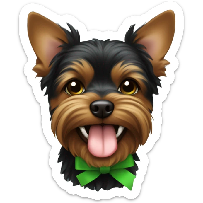 black and brown yorkshire with the tongue and green ribbon at the head sticker