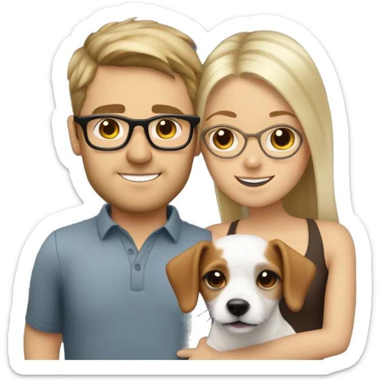 White blonde girl and a white men with brown hair glasses, both cuddling a jack Russell sticker