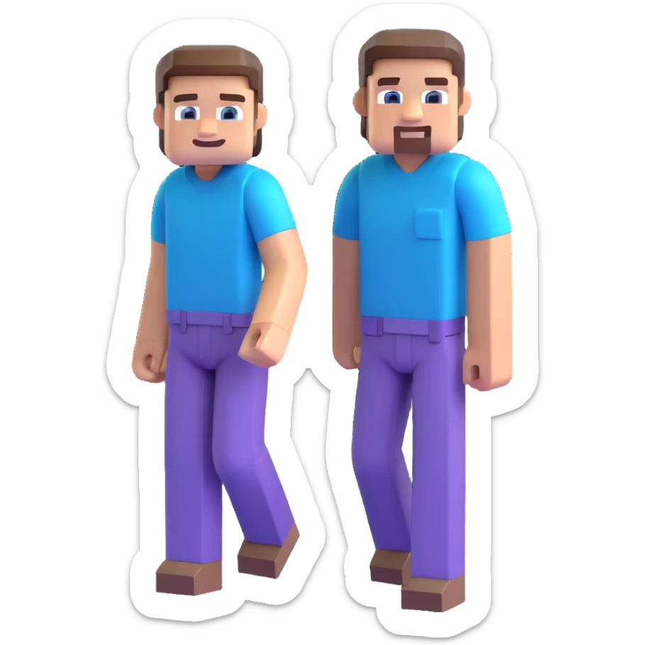 Minecraft Steve, blocky character with blue shirt and purple pants, smiling face, playful pose, 3D emoji style sticker