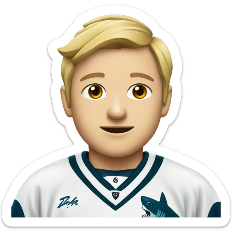 young coach of a hockey team wearing a uniform with a shark on it sticker
