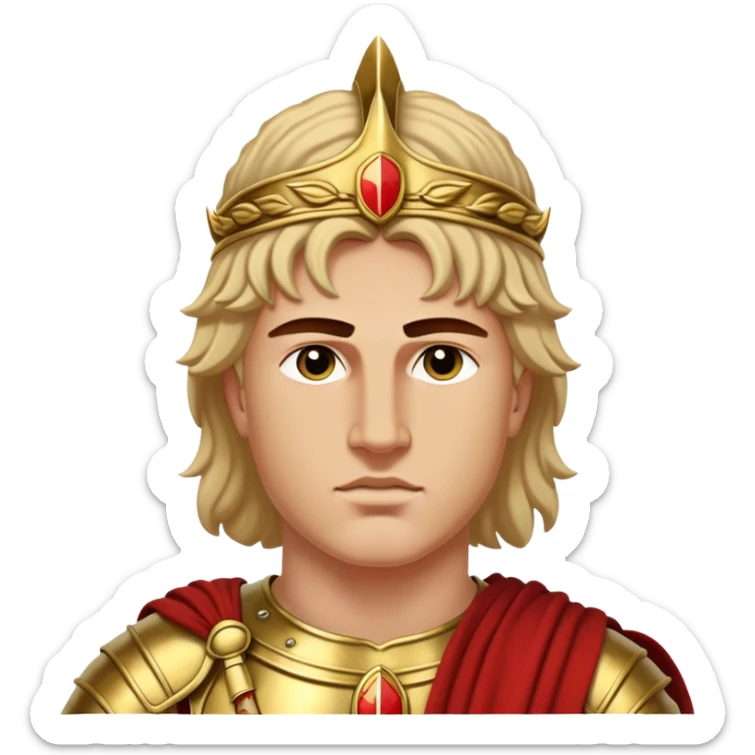 Cinematic Realistic portrait of Alexander the Great, depicted with photorealistic detail as a commanding historical conqueror, featuring sharp, lifelike facial features, meticulously rendered ancient Macedonian armor, and a laurel wreath, illuminated by natural, dramatic lighting that highlights his youthful determination and legendary presence. sticker