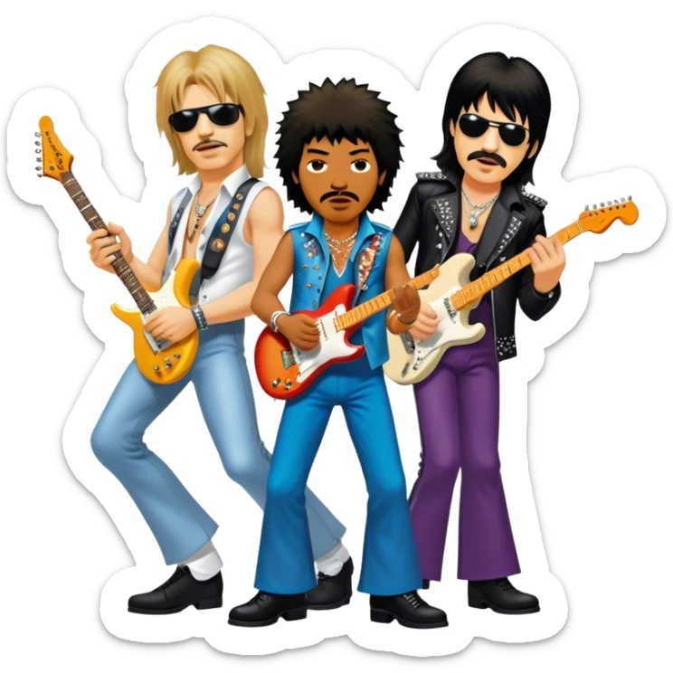 Icon for Rock Music: collage of iconic rock musicians—Klaus Meine, Jimi Hendrix, Kurt Cobain, Freddie Mercury, and Ozzy Osbourne—playing electric guitars and singing on stage. Capturing the powerful energy and rebellious spirit of rock. Transparent background. sticker