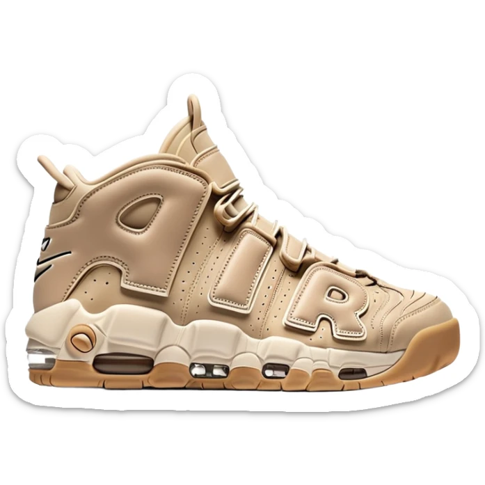 Minimalist pair of beige Nike Air More Uptempo sneakers side by side, clean simple design with AIR lettering on sides sticker