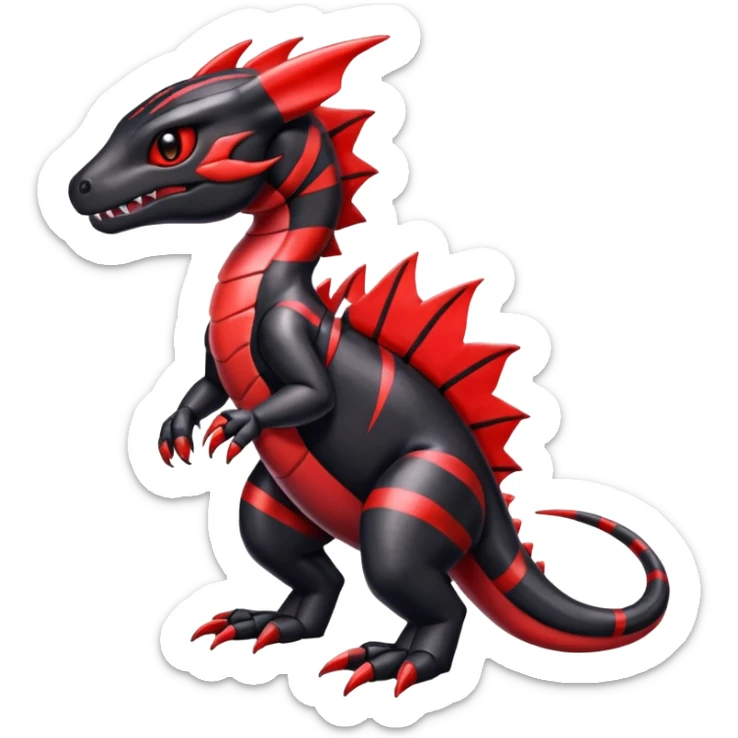 Cute Shiny striped black and red iridescent Guilmon-Salandit-Fakémon-hybrid-creature (full body)  sticker