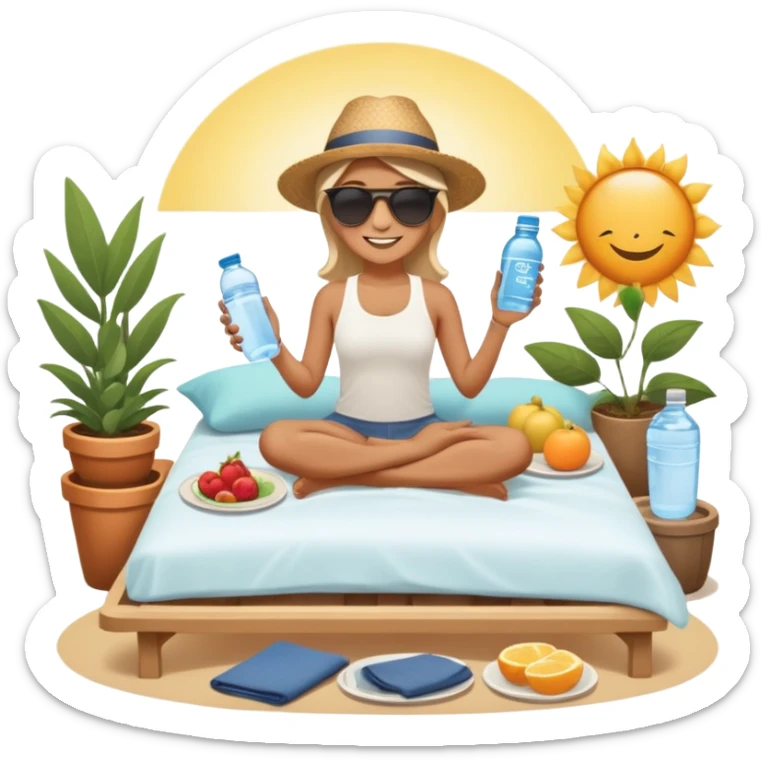 A person in the sun, with a plate of whole foods, water bottle, and glowing bed behind them. Nearby, smiling friends gather—symbolizing balance, healing, and connection through simple daily rituals. sticker