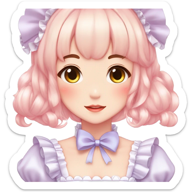 Gorgeous anime style lady blushing face maid outfit Lolita idol model colorful shiny sparkle kawaii pastelcore cottagecore pearly petite simplistic aesthetic trending style sticker