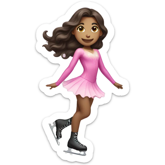 Girl with long dark brown wavy hair and a pink figure skater outfit on Ice skating  sticker