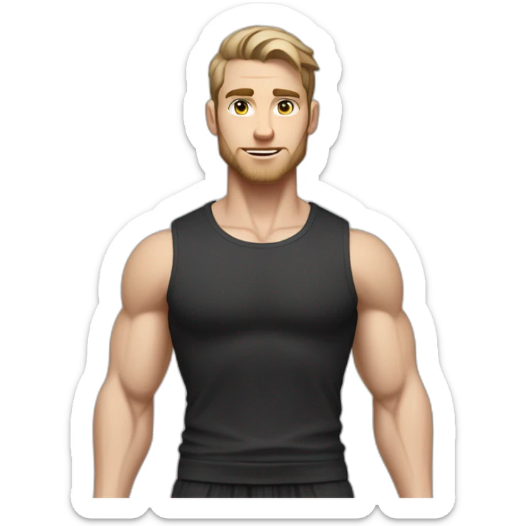 Pale skinned Fit Man With the biceps and dark brown hair in black shirt, gray sports shorts and white Sneakers sticker