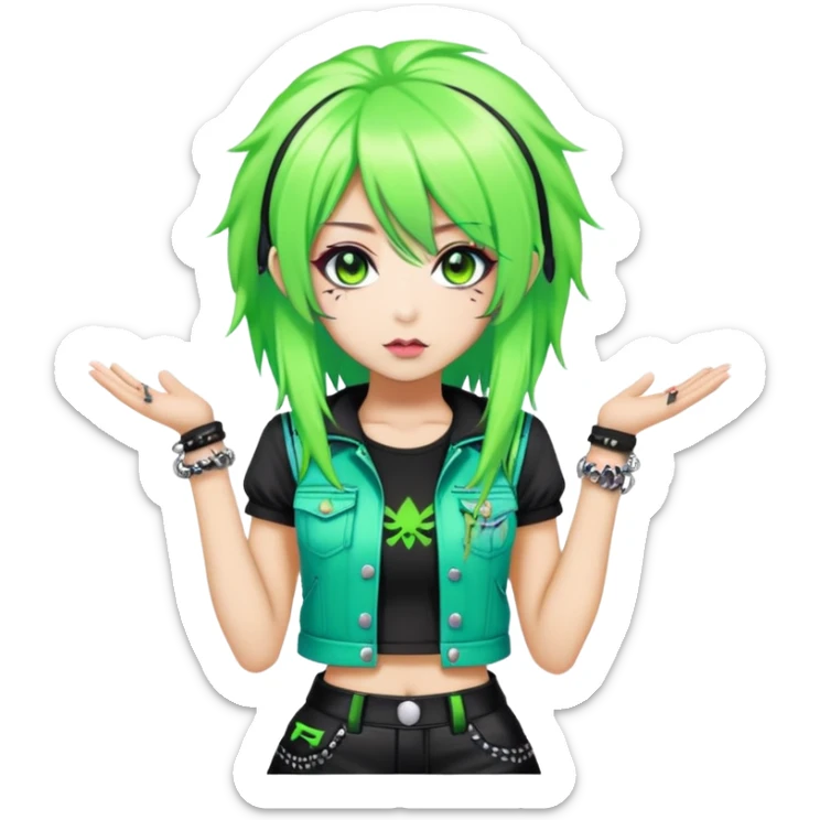 hime gyaru girl, neon green hair, dark makeup, punk clothes standing sticker