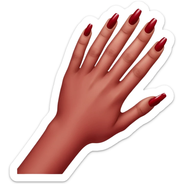 close-up of a left hand of a woman showing 3-4 fingernails out of five, painted in dark red nail polish, glossy finish, deep saturated red, smooth gradient, minimal details, clean and shiny
 sticker