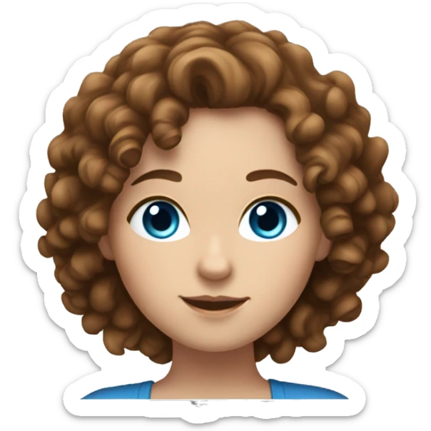 A white girl with brown curly hair and blue eyes is working on a laptop sticker