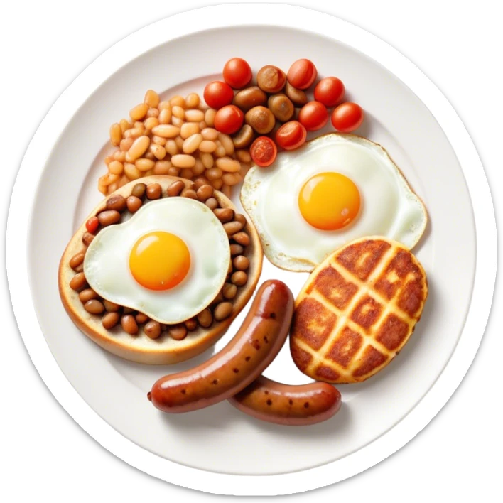 English Breakfast Cinematic Realistic English Breakfast Dish Emoji, depicted as a hearty plate featuring 2 sizzling sausages, a central serving of baked beans, 2 perfectly fried eggs, 2 sliced grilled tomatoes, 2 grilled mushrooms, and a triangle-shaped hash brown, rendered with vivid textures and warm, inviting lighting. sticker