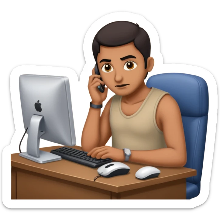 mean looking phone scammer in sketchy call center in india working our of filthy bedroom sticker