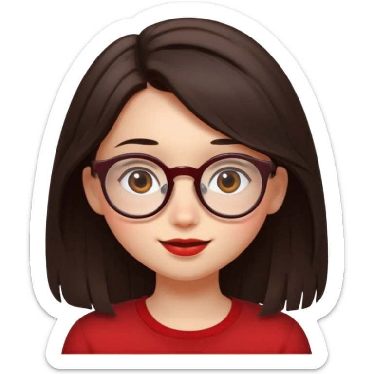 Shy girl with long dark brown hair and round red-rimmed glasses glancing at boy with straight, short, and voluminous, tousled brown hair and cheeky smile. sticker