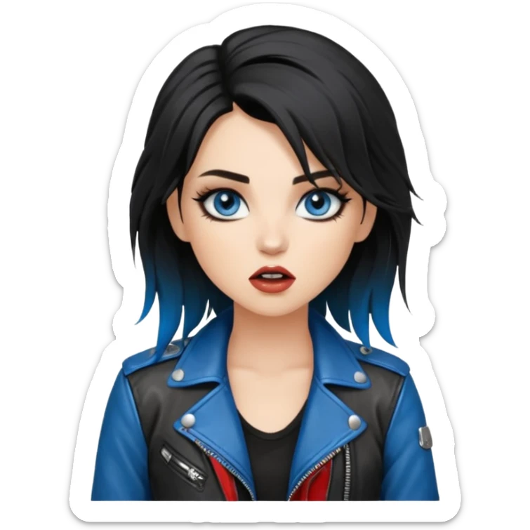 
 rockstar girl with black disheveled hair, blue eyes, Smokey eyes grunge makeup, singing  sticker