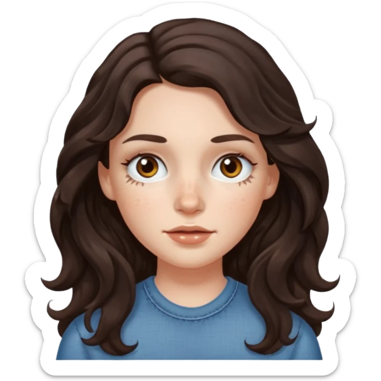 A white girl with long dark brown wave hair and patches under her eyes sticker