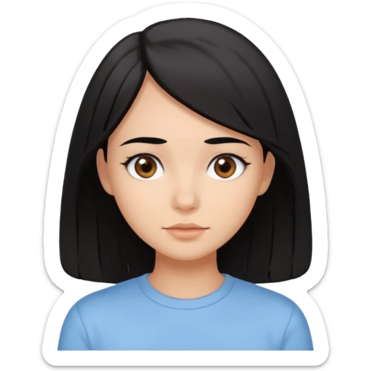 Emoji of a girl with black-brown long bob hair, fair tan skin, brown eyes, soft black eyebrows, pastel blue shirt, clean girl aesthetic, white background  sticker