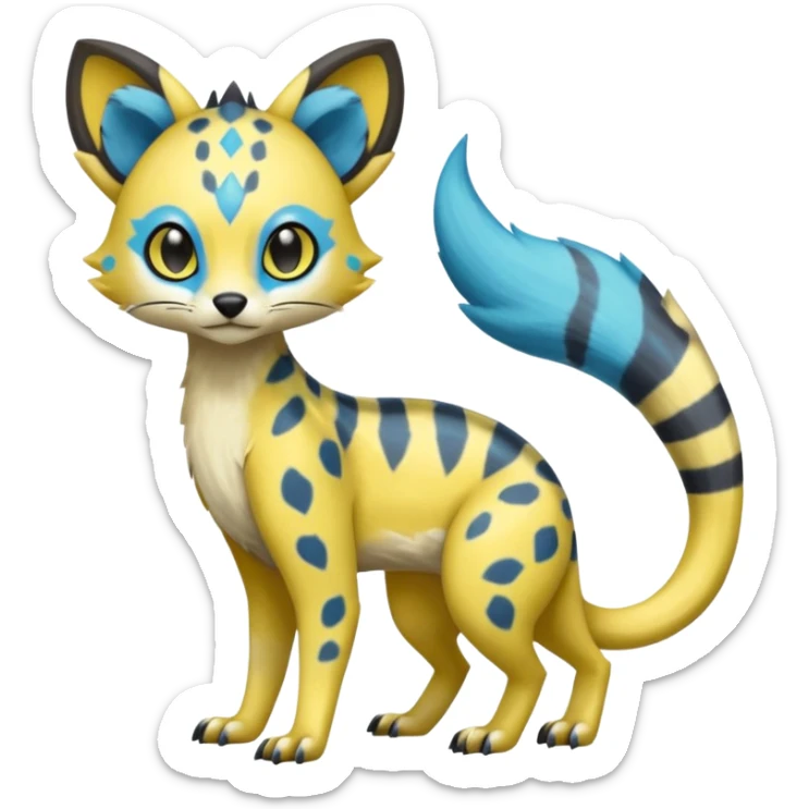Colorful Yellow Meloetta-Civet-Sergal-Genet-Pokémon-Digimon-Fakémon-fusion-hybrid-creature with Cyan stripes and blue leopard-spot-markings  sticker