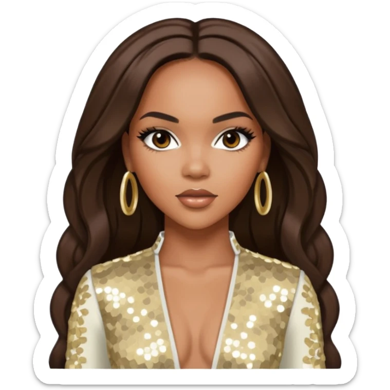 LeToya Luckett from Destiny's Child with long dark brown hair, ivory sequin outfit sticker