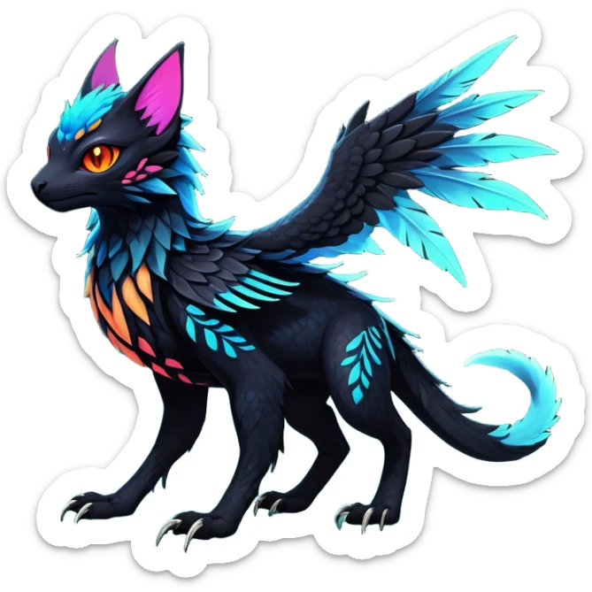 Black Dark Exotic Tropical Beaked Feathery Nocturnal Neon-glowing Abyssal Nightly Abyss-Cat-Gryphon-Salandit-Nargacuga-Silvally-Fakémon Creature (full body) sticker