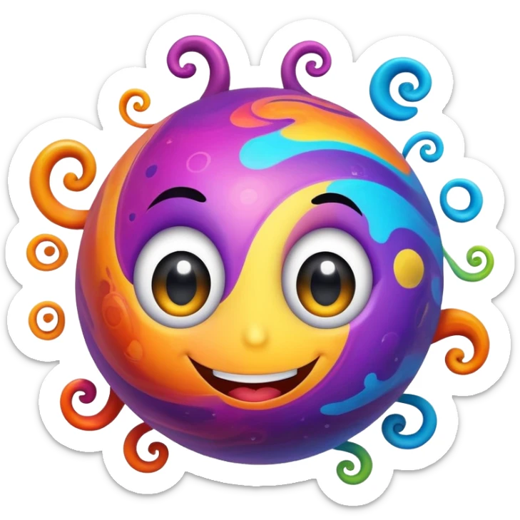 multicolored planet with swirls of bright colors and a happy smiling face with big eyes sticker