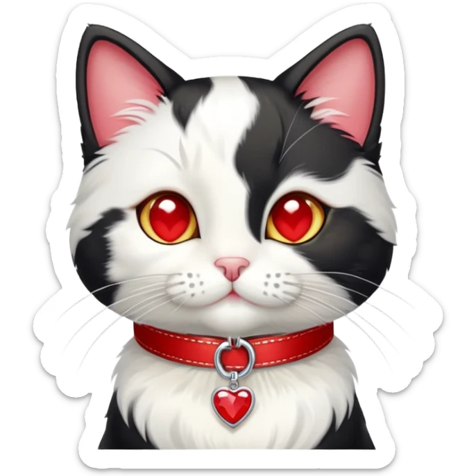 tuxedo cat with red leash and heart pendant, white fur only on mouth, small diamond spot above nose sticker