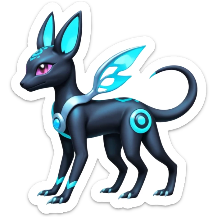 White and Cyan-glowing Futuristic  Salandit-Umbreon-Espeon-Sylveon-Fakémon-hybrid-creature (full body)  sticker