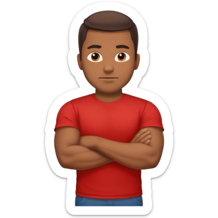 apple stylized emoji of a strong man, his arms crossed, white bg, he's in a red tee shirt sticker