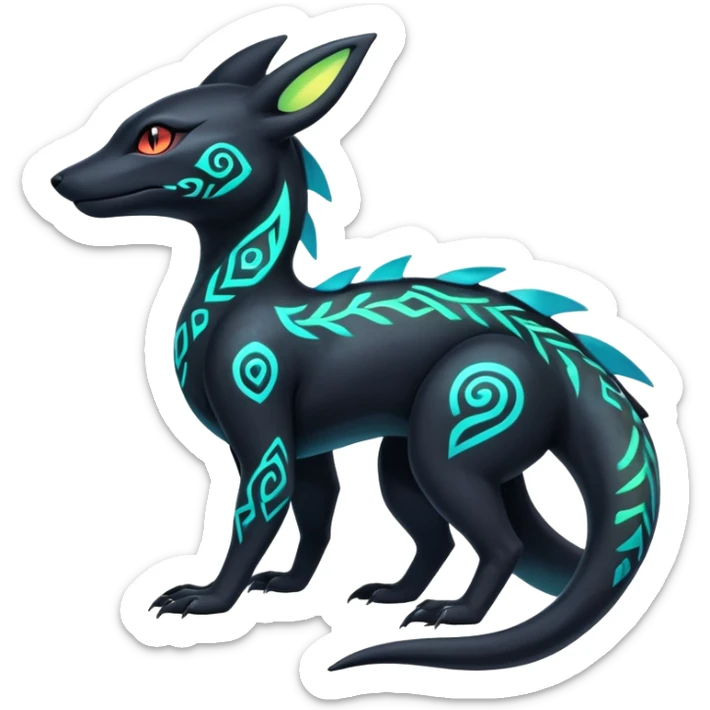 Colorful Neon Exotic Salandit-Aurorus-Umbreon-Fakémon-hybrid-creature (full body) with iridescent tribal markings sticker