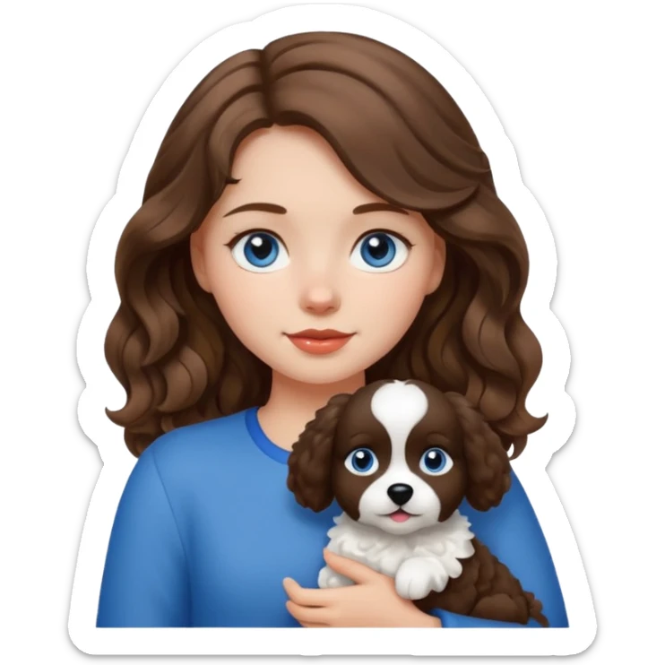 Baltic girl with fair skin, wavy brown hair, blue eyes, holding a fluffy black and white dog, apple emoji style sticker