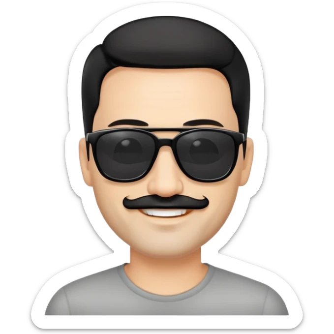 đàn ông 50 tuổi, da trắng, có râu ria đen. đeo kính đen, tóc đen ngắn, cười mỉm sticker