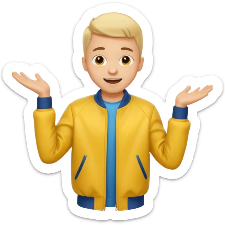 excited boy with good hair cut shrugging his shoulder, wearing yellow jacket and smile sticker