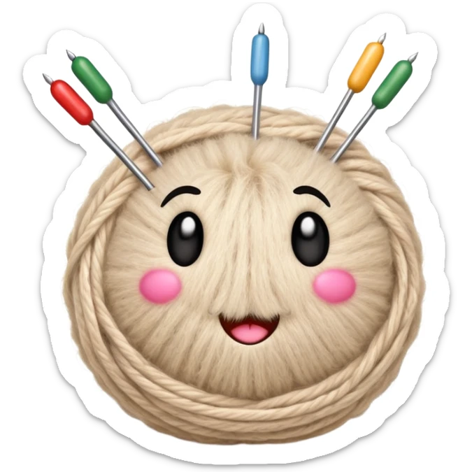 ball of beige mohair wool with knitting needles, needles have expressive emoji faces sticker
