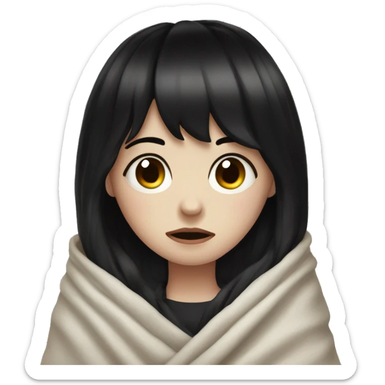 Portrait Girl pale skin with black hair and bangs a blanket around her crying sticker