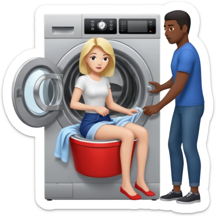 Eine Frau steckt bis zum Bauch in einer Waschmaschine fest und nur die Beine gucken raus und zwei schwarze männer ziehen an ihren Beinen um sie raus zu holen  sticker